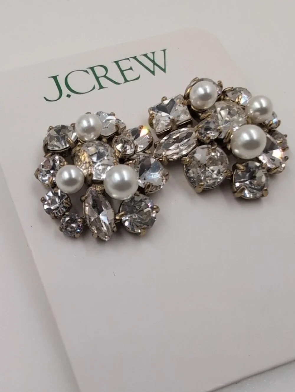 J.Crew Gold-Tone Crystal and Pearl Cluster Earrings in Clear and White